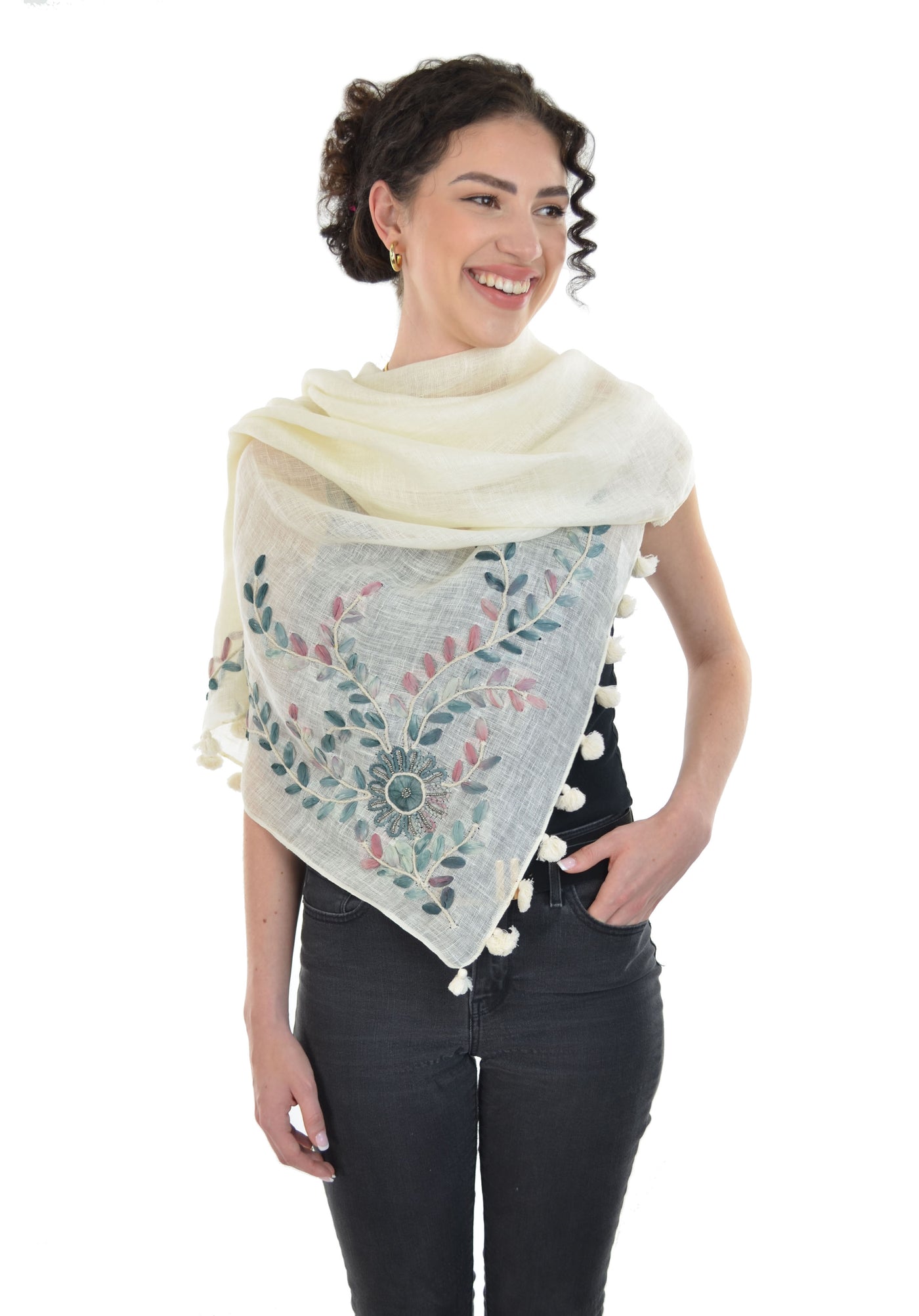 Sustainable Linen Floral Hand Embroidered Scarf