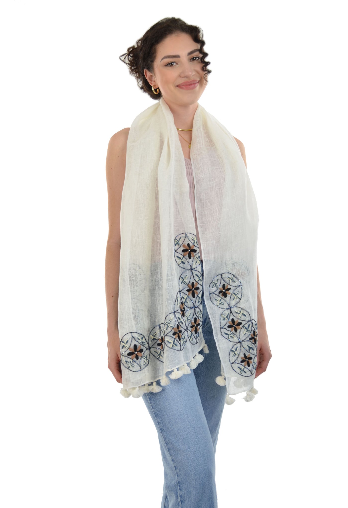 Sustainable Linen Circle of Life Hand Embroidered Scarf
