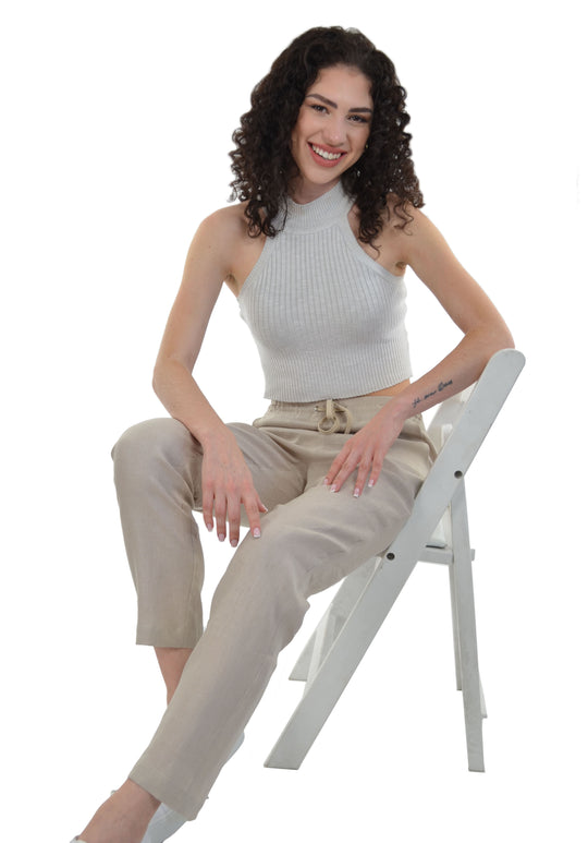 Relaxed Ankle Length Laundered Linen Pants with Pockets and Draw String