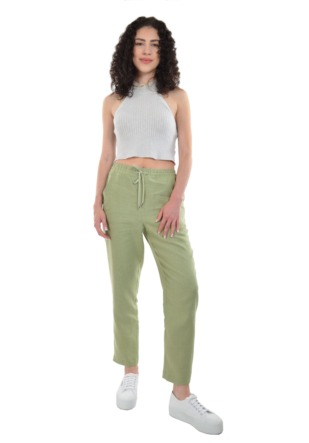 Relaxed Ankle Length Laundered Linen Pants with Pockets and Draw String