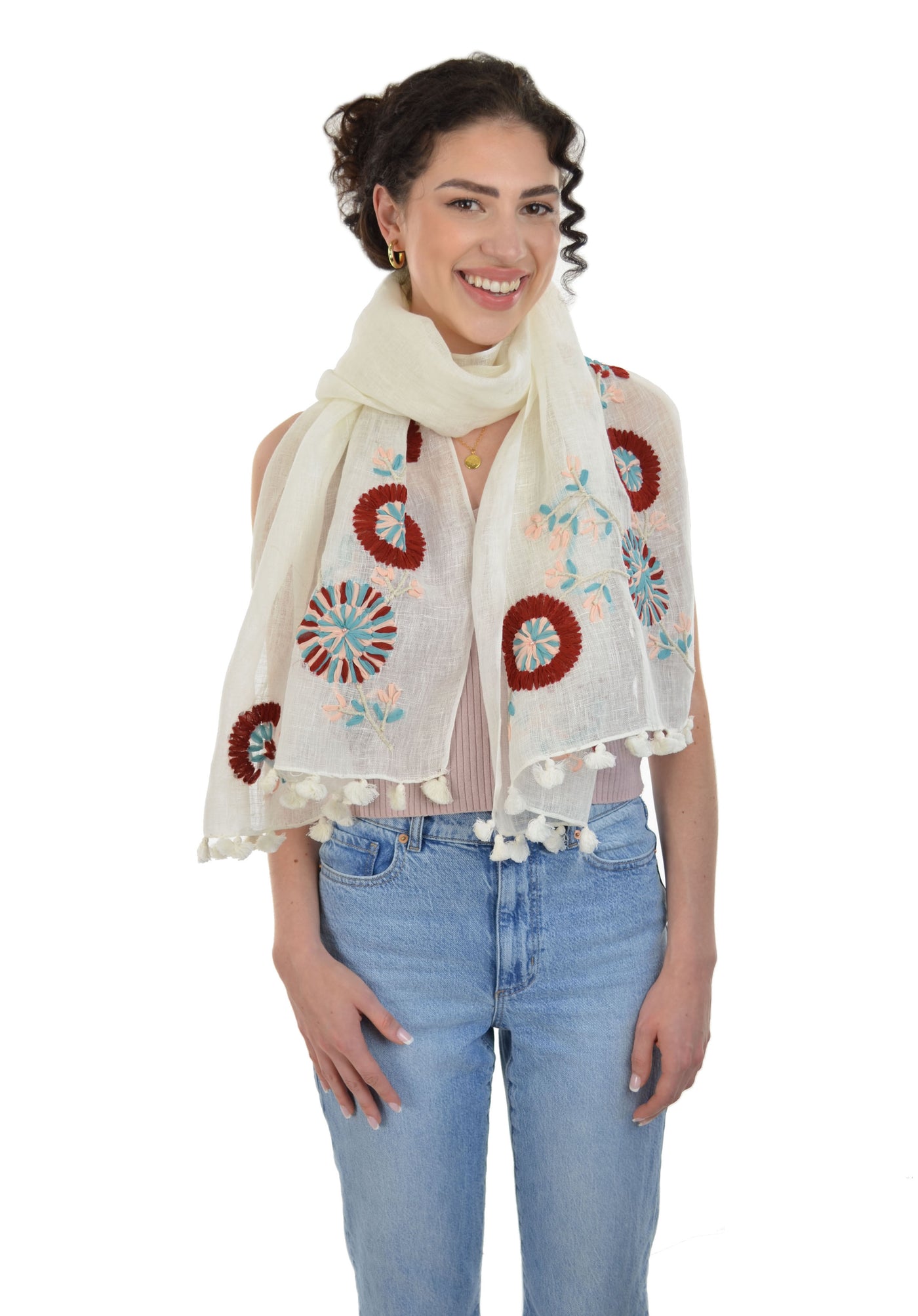 Sustainable Linen Floral Abstracts Hand Embroidered Scarf