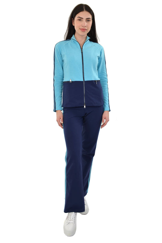 Athleisure Warm Up Suits Color Block Racer Stripe 2 PC Set (Turquoise/Navy)