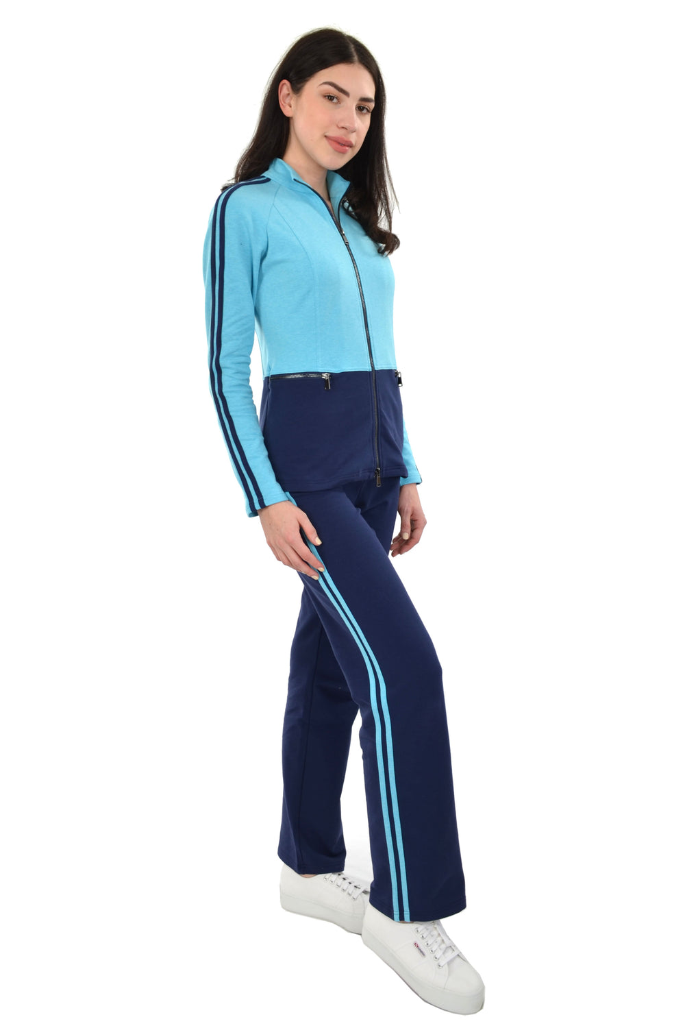 Athleisure Warm Up Suits Color Block Racer Stripe 2 PC Set (Turquoise/Navy)