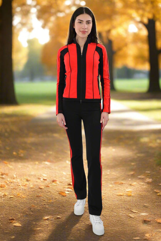 Active 2 PC Color Block Warm Up Suits with Piping Detail (Red/Black)