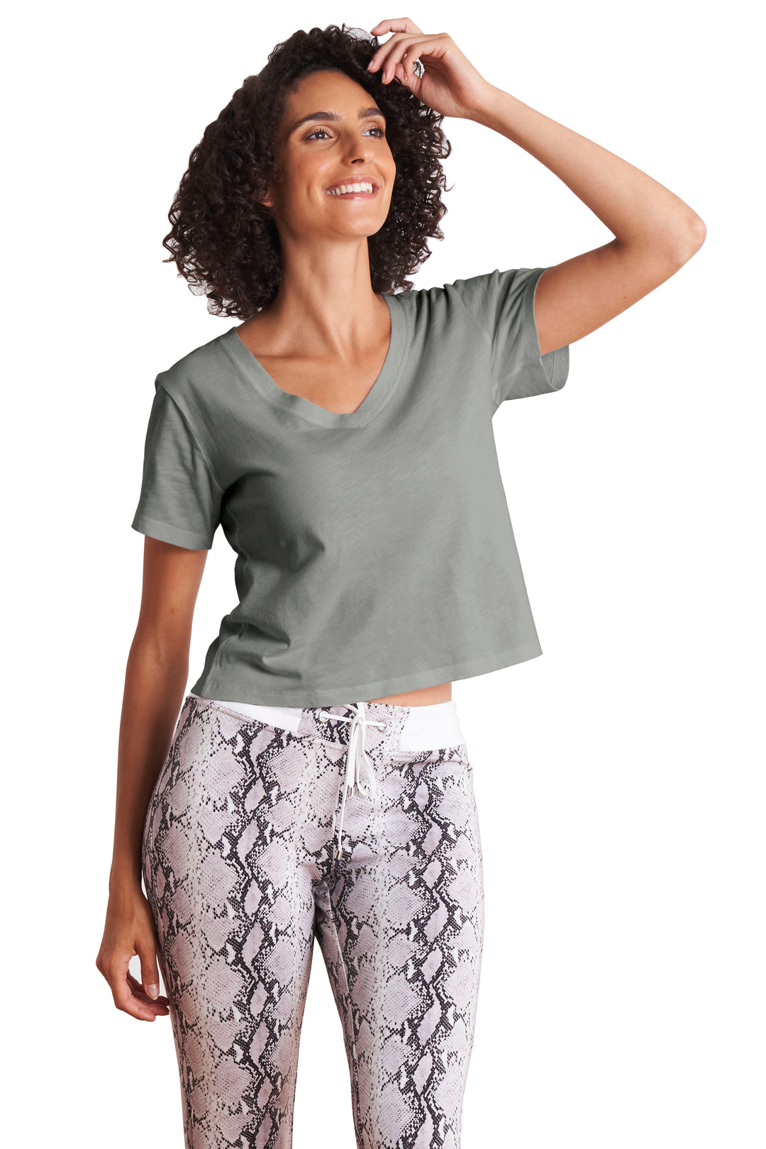 Aria V-neck Cropped Jersey Boxy T-shirt (Heather Grey) - Marolli