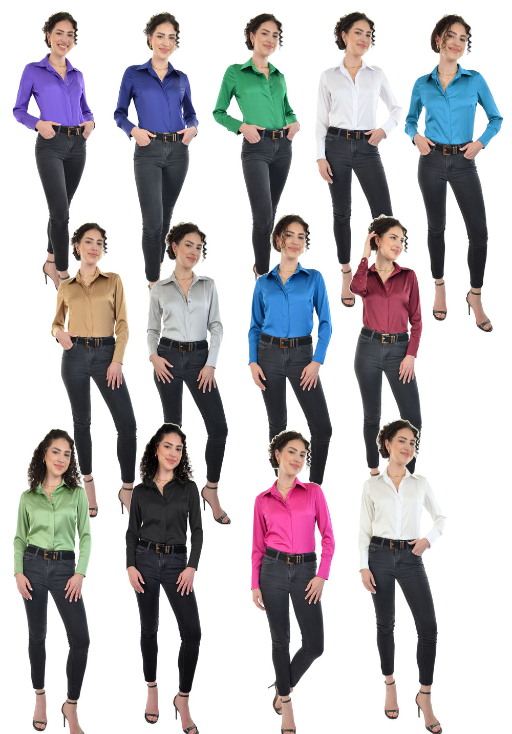 Ruby Women's Silky Satin Charmeuse Blouse Button Down Long Sleeve