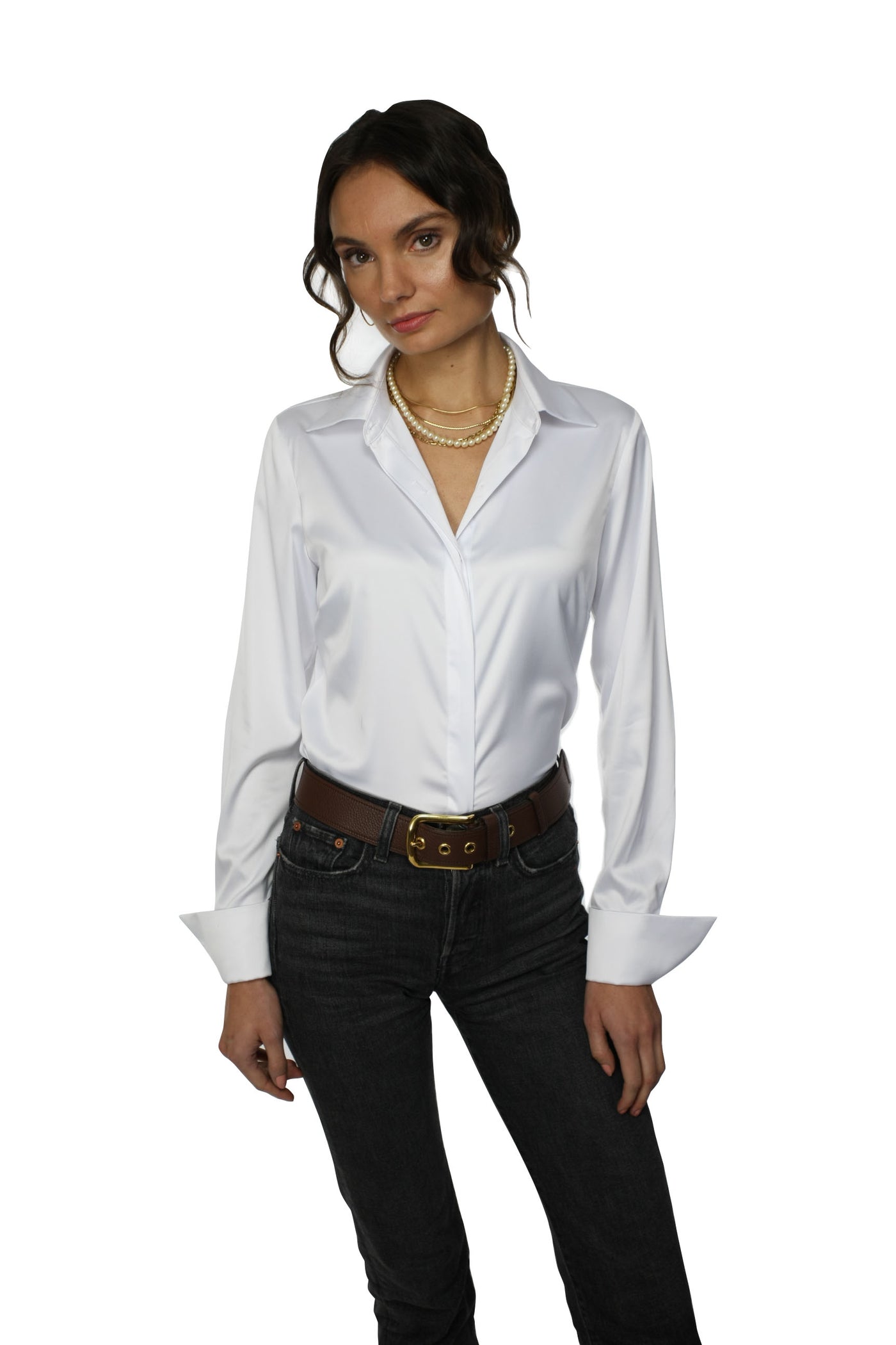 Nora Silky Satin Charmeuse Long Sleeve Button-Down Shirt