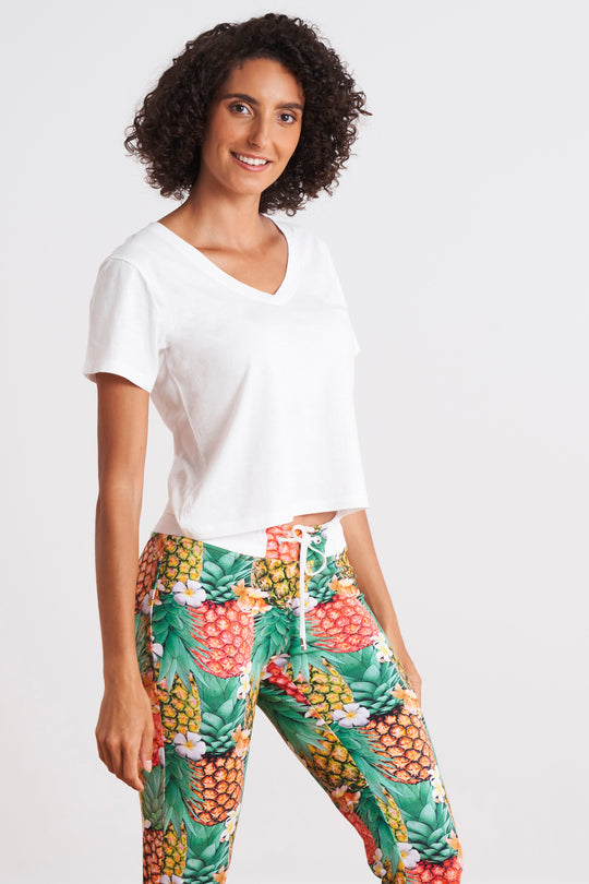 Aria V-neck Cropped Jersey Boxy T-shirt (White) - Marolli